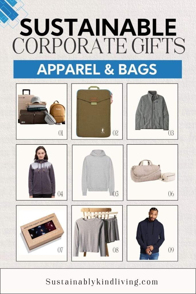 Sustainable corporate apparel and bag gifts including travel luggage, laptop sleeve, fleece jacket, hoodies, duffel bag, socks, loungewear, and other practical employee gift ideas.