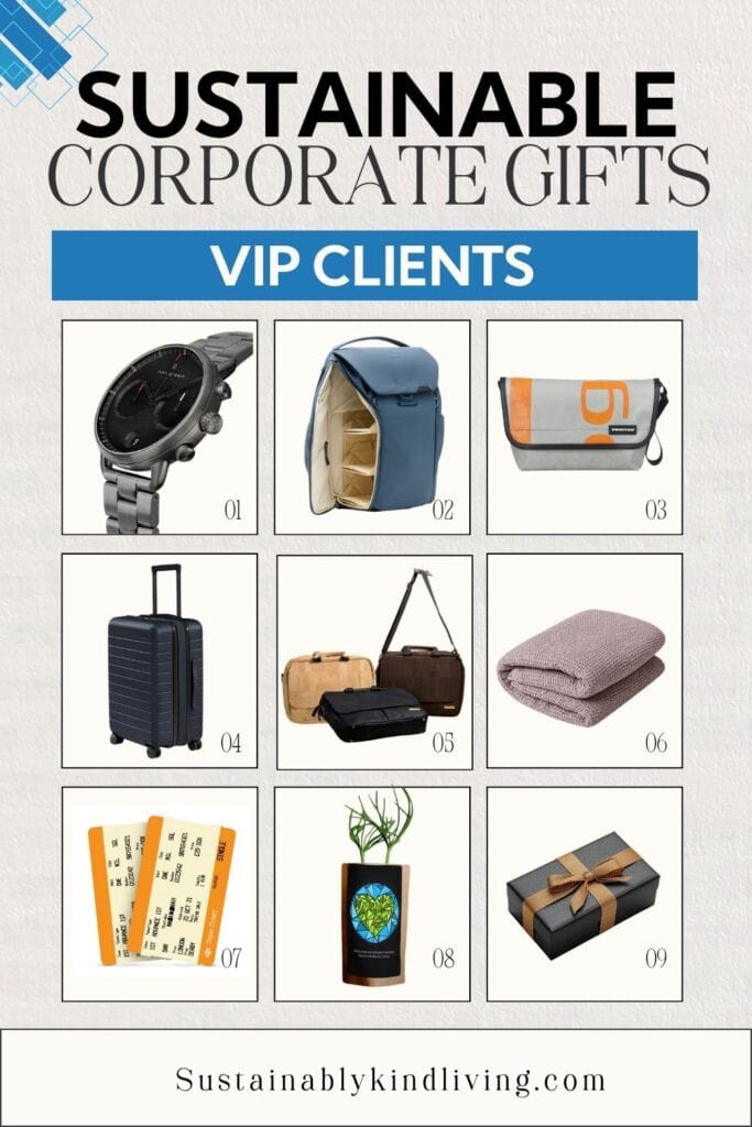 Luxury sustainable corporate gifts for VIP clients including a watch, premium backpack, upcycled messenger bag, luggage, cork bags, knit blanket, experience tickets, plant gift, and boxed present.