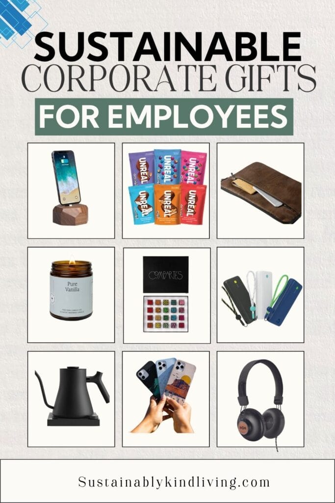 Sustainable corporate gifts for employees including a wooden phone stand, Unreal snacks, leather laptop sleeve, vanilla candle, premium chocolates, portable chargers, electric kettle, phone cases, and over-ear headphones.