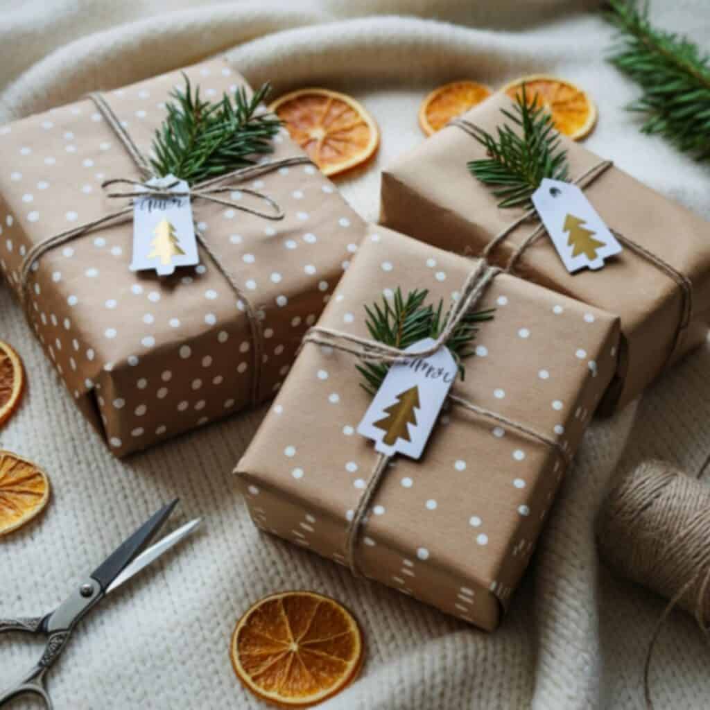 Christmas gifts wrapped in kraft paper with twine, evergreen sprigs, and dried orange slices for natural non-toxic Christmas gift wrapping.