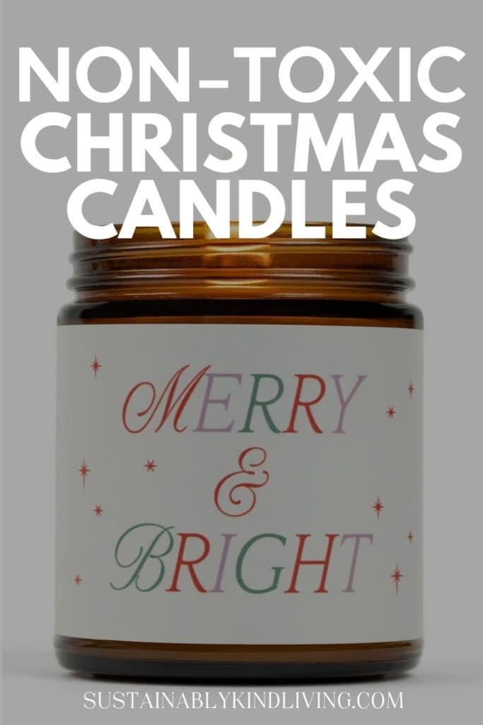 Amber glass Christmas candle with a festive "Merry & Bright" label, representing non-toxic Christmas candles made with cleaner-burning waxes and safer ingredients for the holidays.
