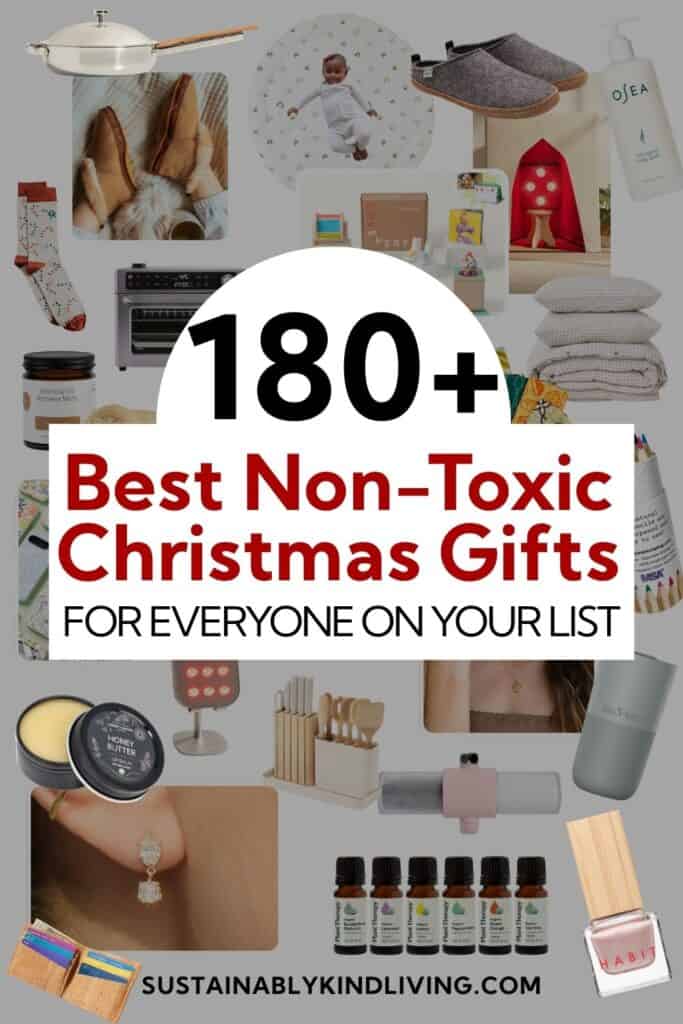 Collage of eco-friendly and non-toxic Christmas gift ideas, including home goods, kitchen essentials, wellness products, baby gifts, and sustainable lifestyle items featured in the Ultimate Non-Toxic Christmas Guide.
