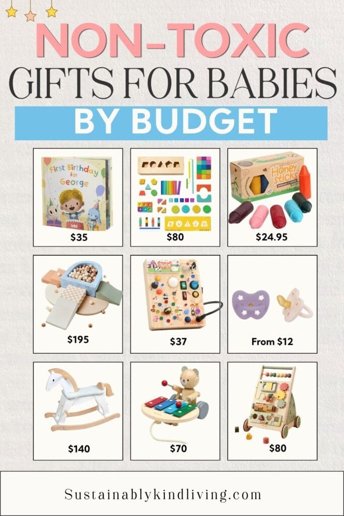 Non-toxic baby gifts by budget featuring affordable gifts under $25, first birthday gifts, wooden toys, sensory toys, pacifiers, rocking toys, and developmental baby gifts at different price points.