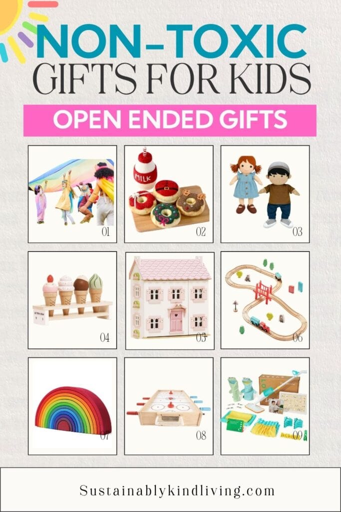 Open-ended gift ideas for kids including play silks, felt play food, cloth dolls, wooden ice cream set, dollhouse, train set, wooden rainbow, tabletop game, and imaginative play kit.