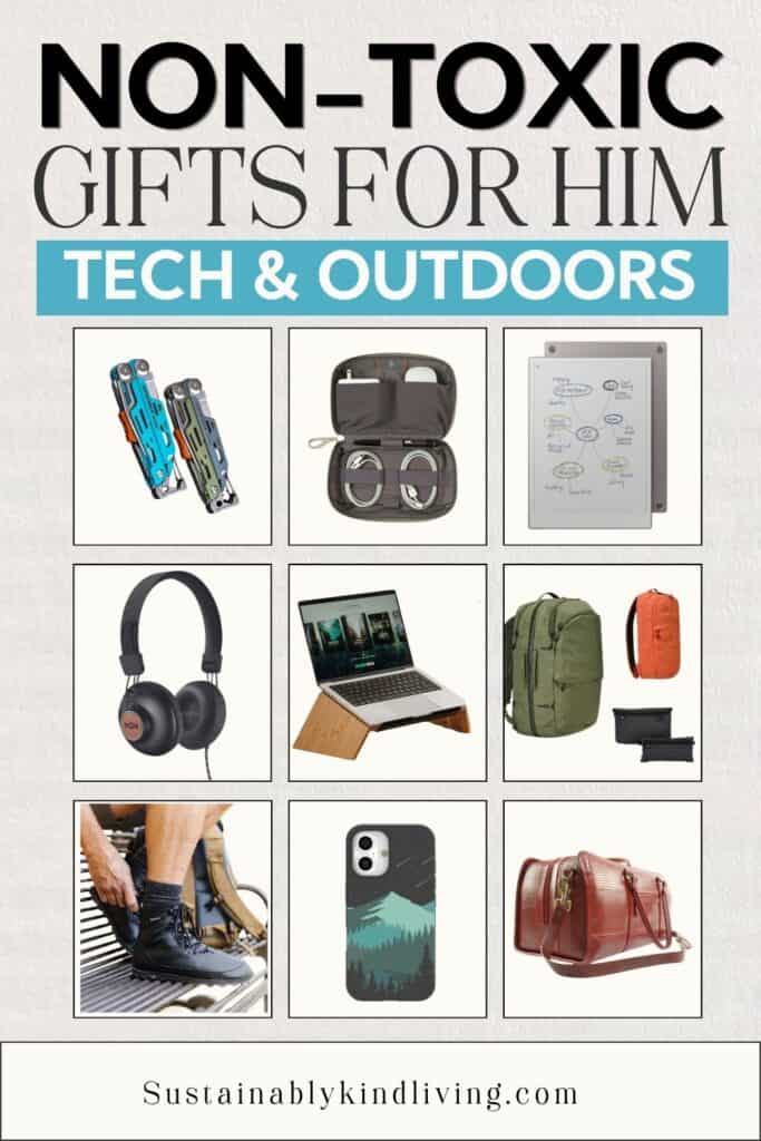 Tech and outdoor gift ideas for men including multi-tools, cable organizer, writing tablet, headphones, laptop stand, backpack, outdoor shoes, phone case, and travel bag.