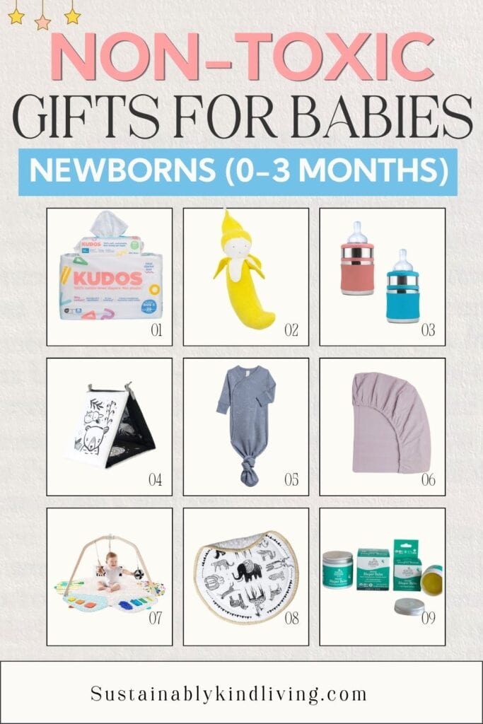 Non-toxic gifts for newborns 0–3 months including cotton diapers, baby bottles, sensory toys, a baby play gym, sleep essentials, tummy-time items, and diaper balm.