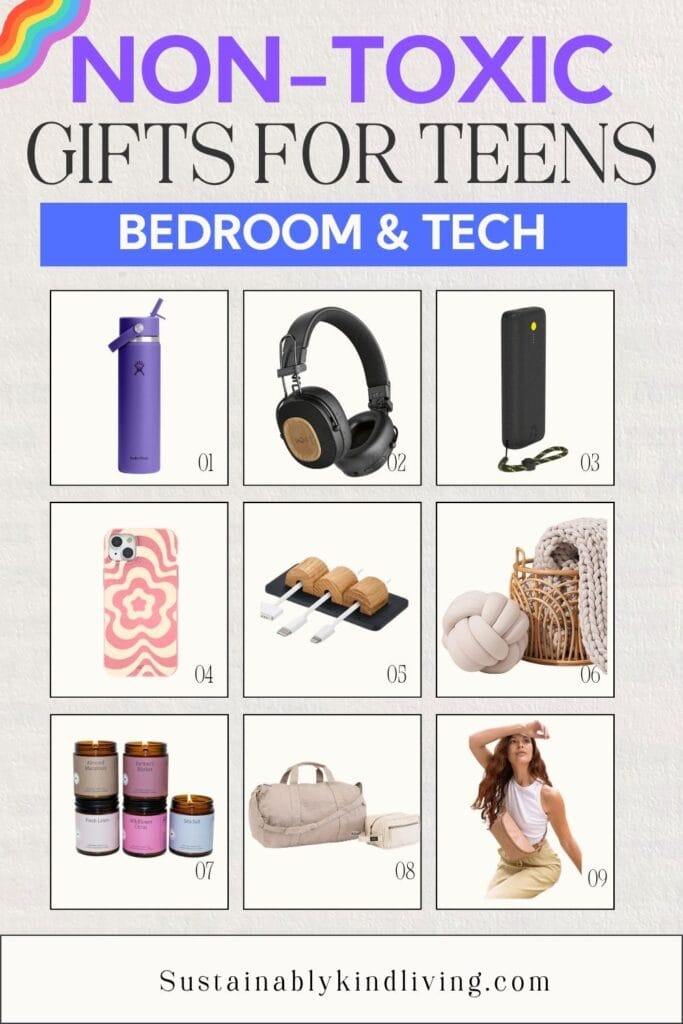 Non-toxic gifts for teens including a reusable water bottle, headphones, portable speaker, phone case, wooden cord organizer, woven basket, candles, travel bag, and belt bag.