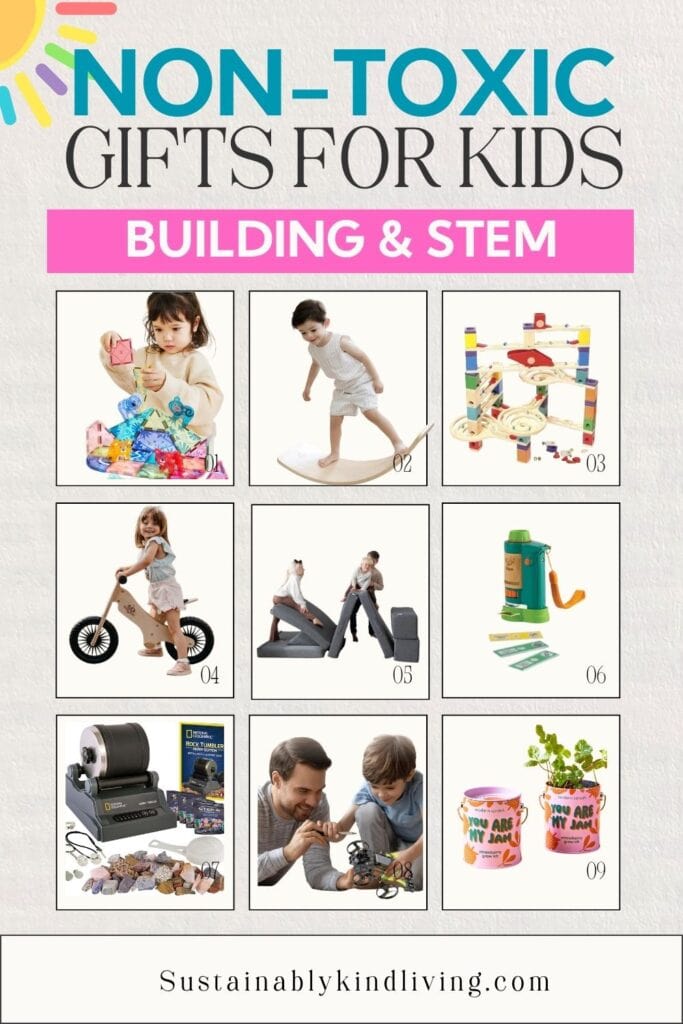 Building and STEM gifts for kids including magnetic tiles, balance board, wooden marble run, balance bike, climbing blocks, pretend money set, rock tumbler, mechanical building activity, and growing kit.