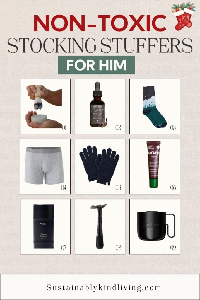 Non-toxic stocking stuffers for him featuring natural shaving soap, beard oil, organic socks, cotton boxer briefs, wool gloves, eye cream, natural deodorant, safety razor, and reusable travel cup.