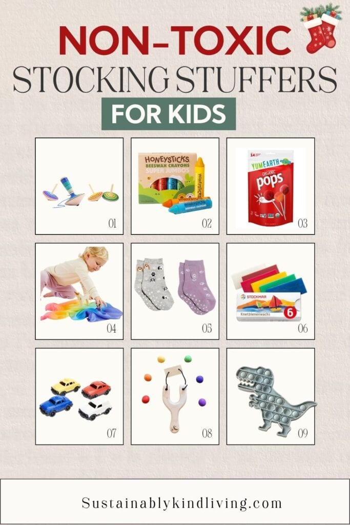 Non-toxic stocking stuffers for kids featuring wooden spinning tops, Honeysticks beeswax crayons, YumEarth organic pops, rainbow playsilk, kids socks, Stockmar beeswax modeling sheets, toy cars, wooden slingshot toy, and dinosaur sensory pop toy.