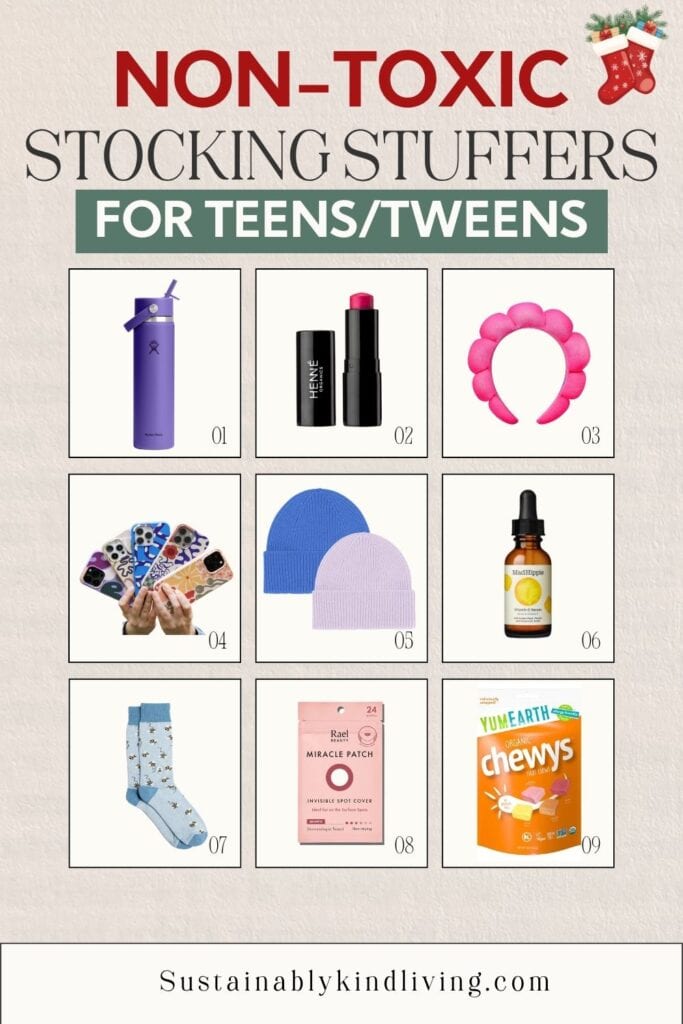 Non-toxic stocking stuffers for teens and tweens featuring Hydro Flask water bottle, Henné Organics lip tint, pink hair accessory, Pela phone cases, colorful beanies, Mad Hippie vitamin C serum, bee socks, acne patches, and YumEarth organic fruit chews.