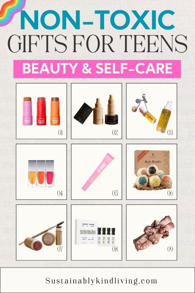 Non-toxic beauty gifts for teens including clean makeup sticks, complexion products, OSEA skincare, lip oils, lip balm, bath bombs, natural makeup, perfume samples, and silk hair accessories.