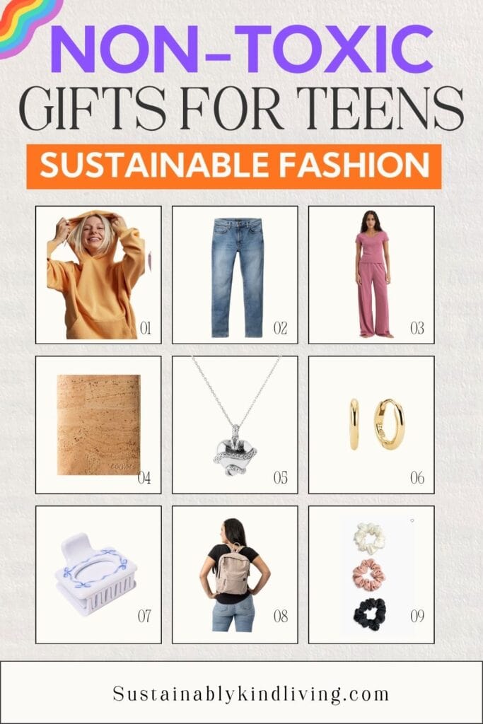 Sustainable fashion gifts for teens including an organic cotton hoodie, jeans, matching lounge set, cork wallet, jewelry, hair claw, backpack, and fabric scrunchies.
