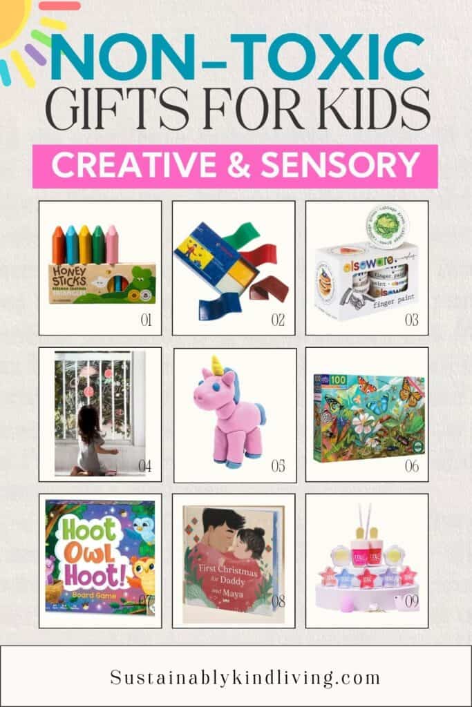Creative and sensory gifts for kids including beeswax crayons, modeling wax, finger paint, window art activity, sensory unicorn toy, butterfly puzzle, board game, personalized book, and pretend makeup set.