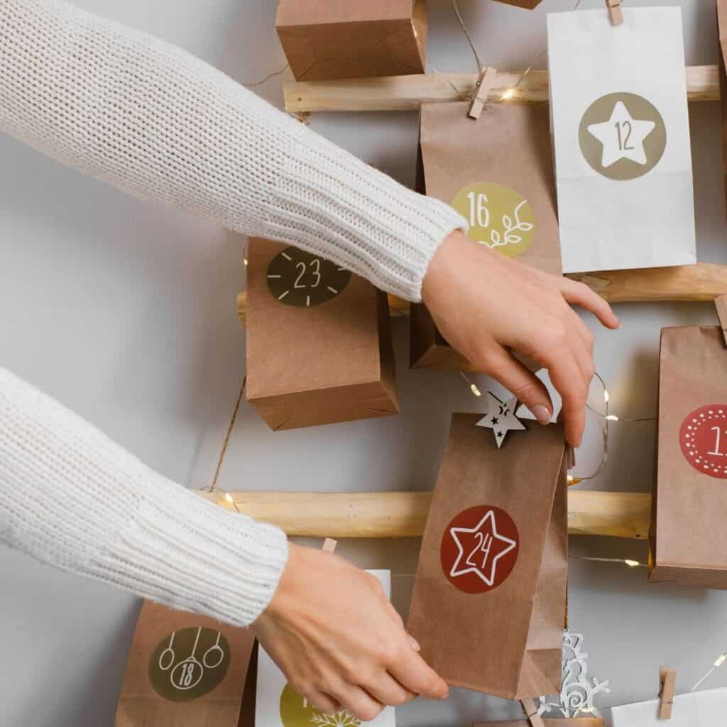Reusable Advent calendar made with paper bags for a more sustainable, non-toxic Christmas.