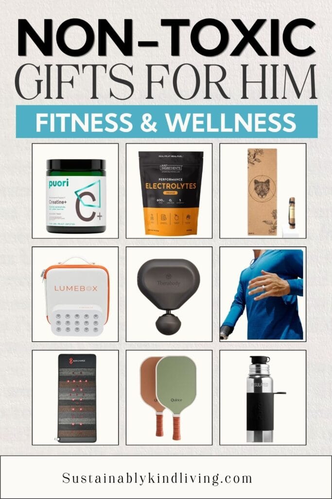 Fitness and wellness gifts for men including creatine, electrolytes, red light therapy, massage gun, activewear, recovery mat, pickleball paddles, and insulated water bottle.