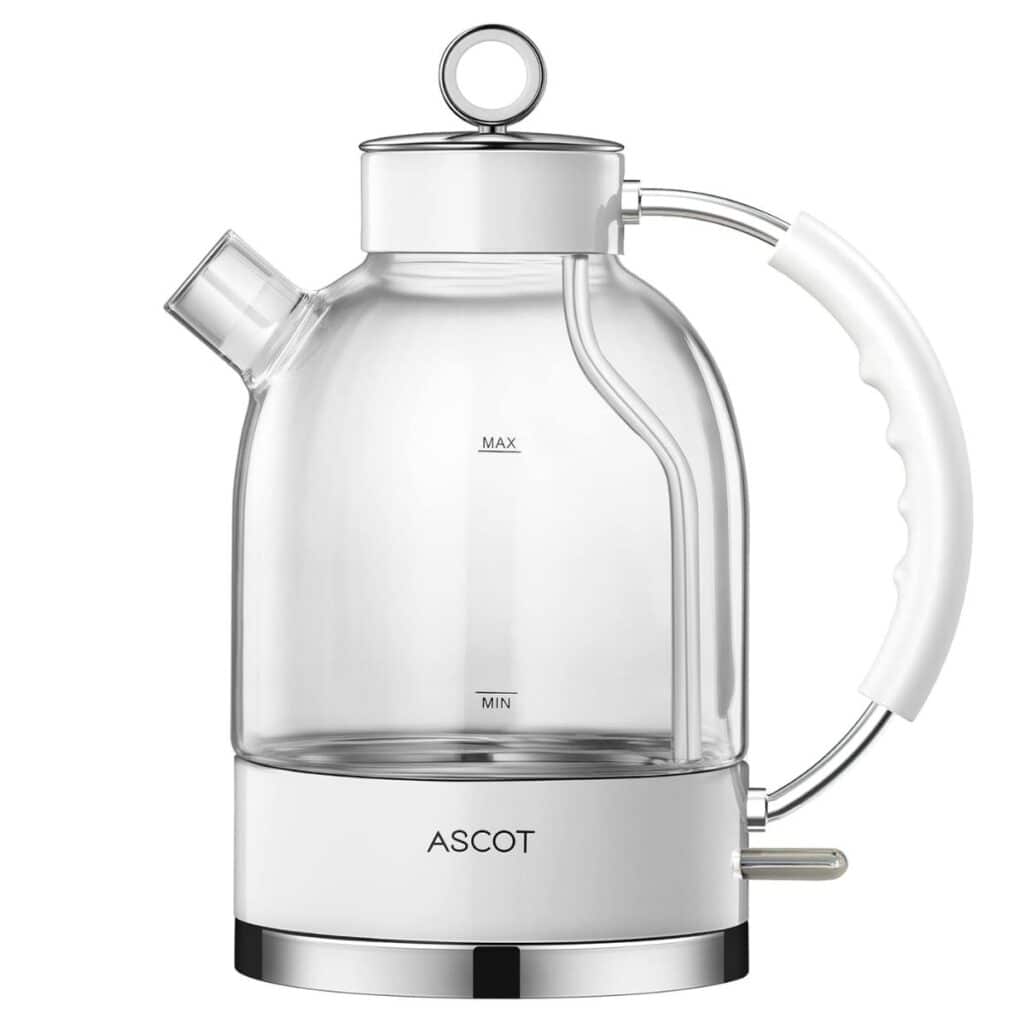 ASCOT K2 glass electric tea kettle with a white handle, silver trim and circular lid pull