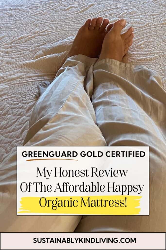 Person resting on a bed with text introducing an honest review of the affordable Happsy organic mattress, highlighting GREENGUARD Gold certification.