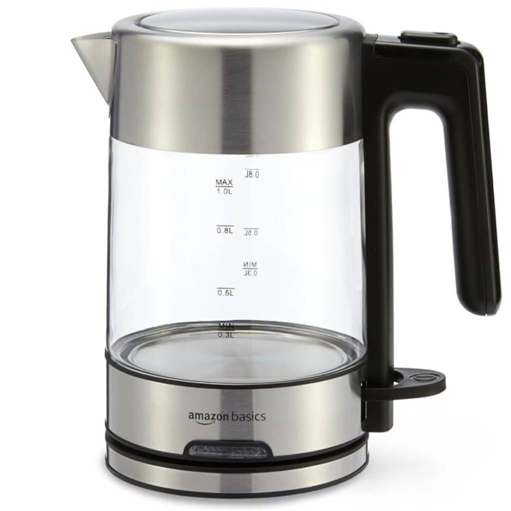 Amazon Basics glass electric tea kettle with a black handle, silver trim and a 1-liter water-level marking
