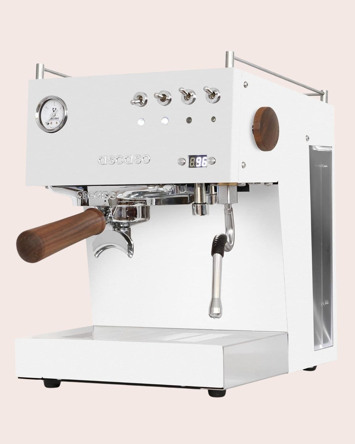 White Ascaso Steel DUO PID espresso machine with a pressure gauge, steam wand, and wooden portafilter handle