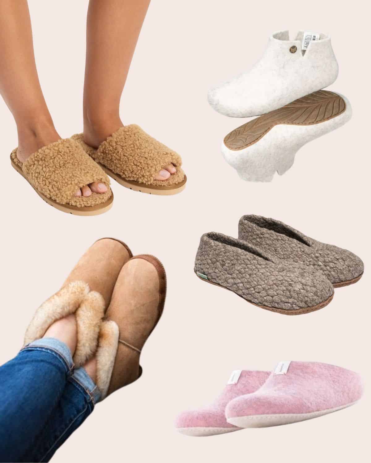 Collage of tan shearling slides, cream felt ankle slippers, tan lined slippers, gray woven slippers, and pink felt clogs.