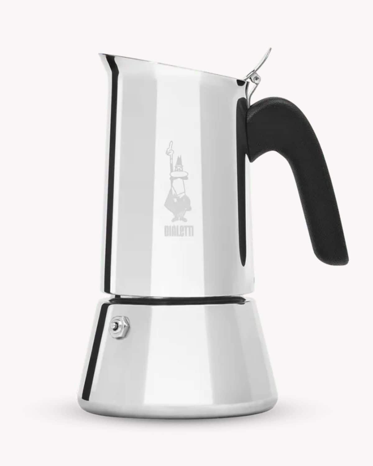 Silver and blue Bialetti Venus stainless steel stovetop moka pots with black handles