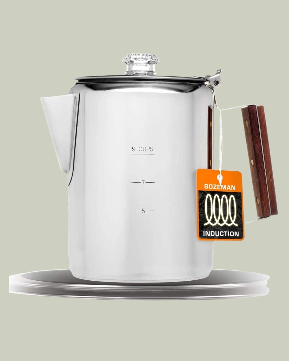 Stainless steel COLETTI Bozeman coffee percolator with a wooden handle, glass lid knob, and induction tag