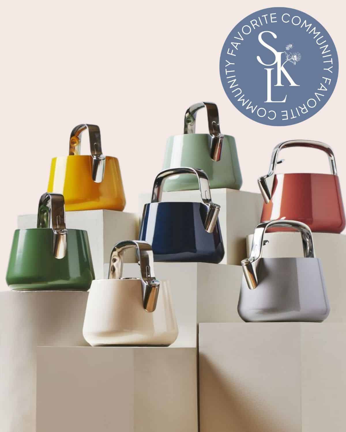 Caraway whistling tea kettle with a ceramic-coated exterior and stainless steel handle
