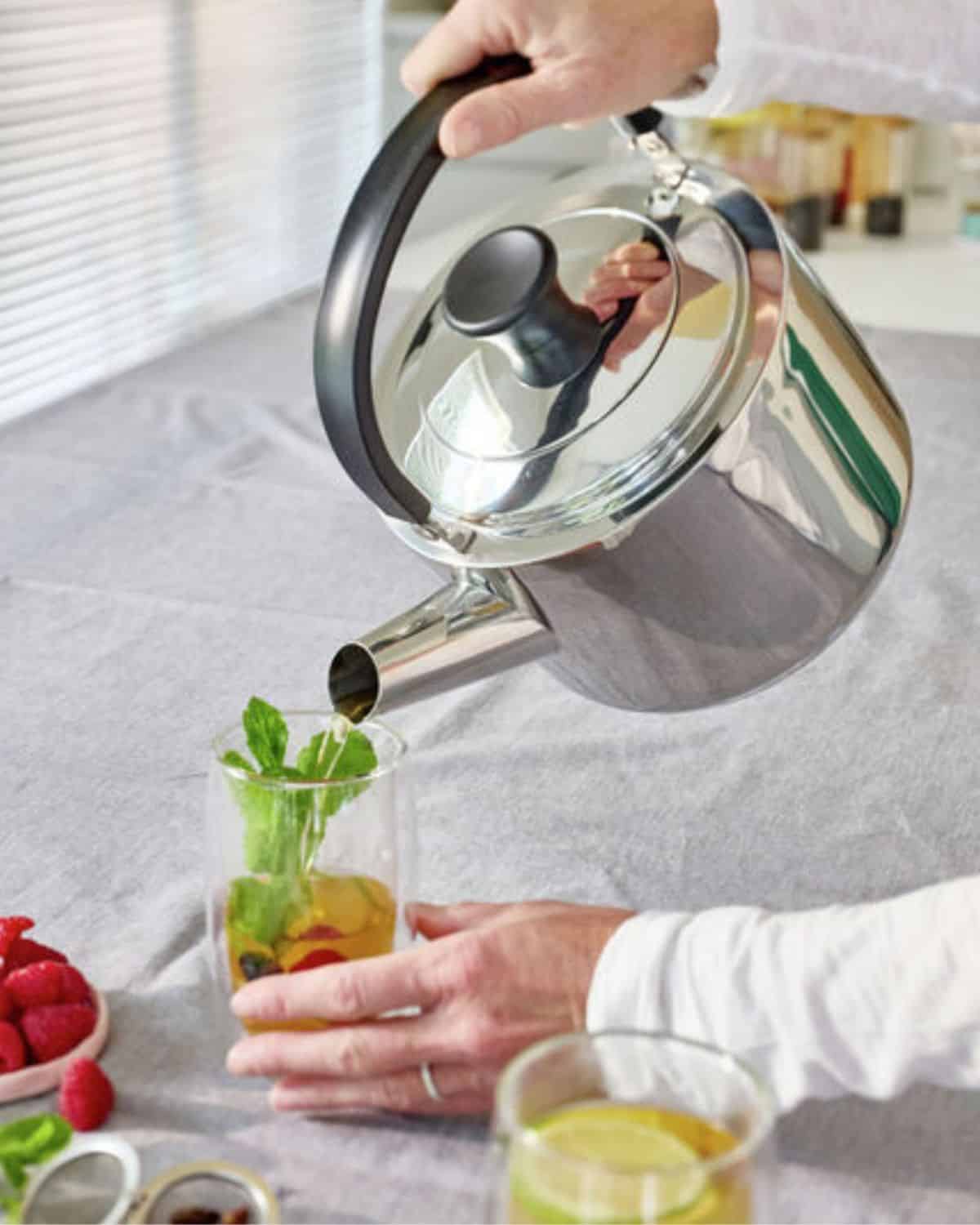 Redesigned Demeyere Resto stainless steel stovetop tea kettle with a collapsible carrying handle