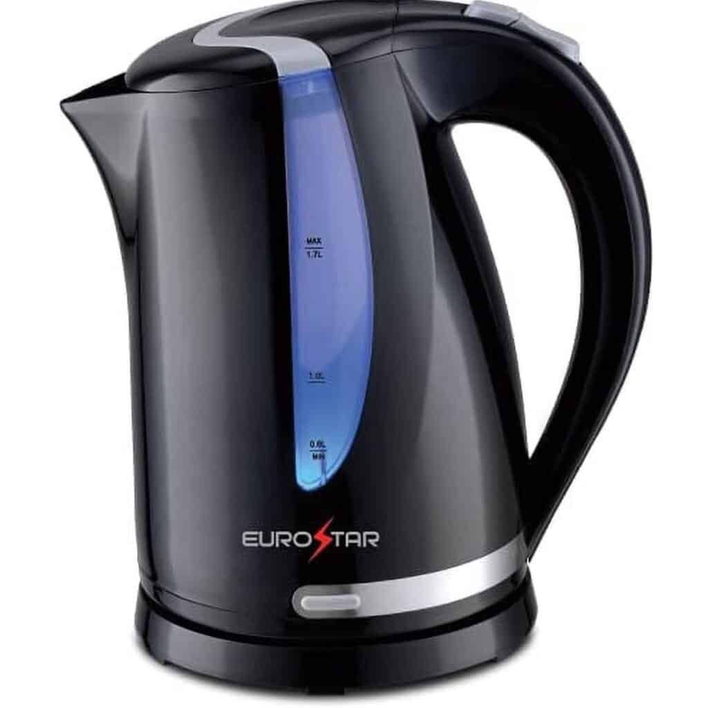 Black EUROSTAR electric tea kettle with a blue water-level window and curved carrying handl