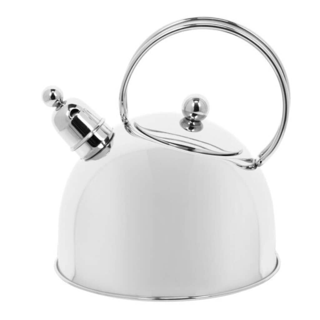 Polished stainless steel Demeyere whistling tea kettle with a rounded metal handle and removable whistle cap
