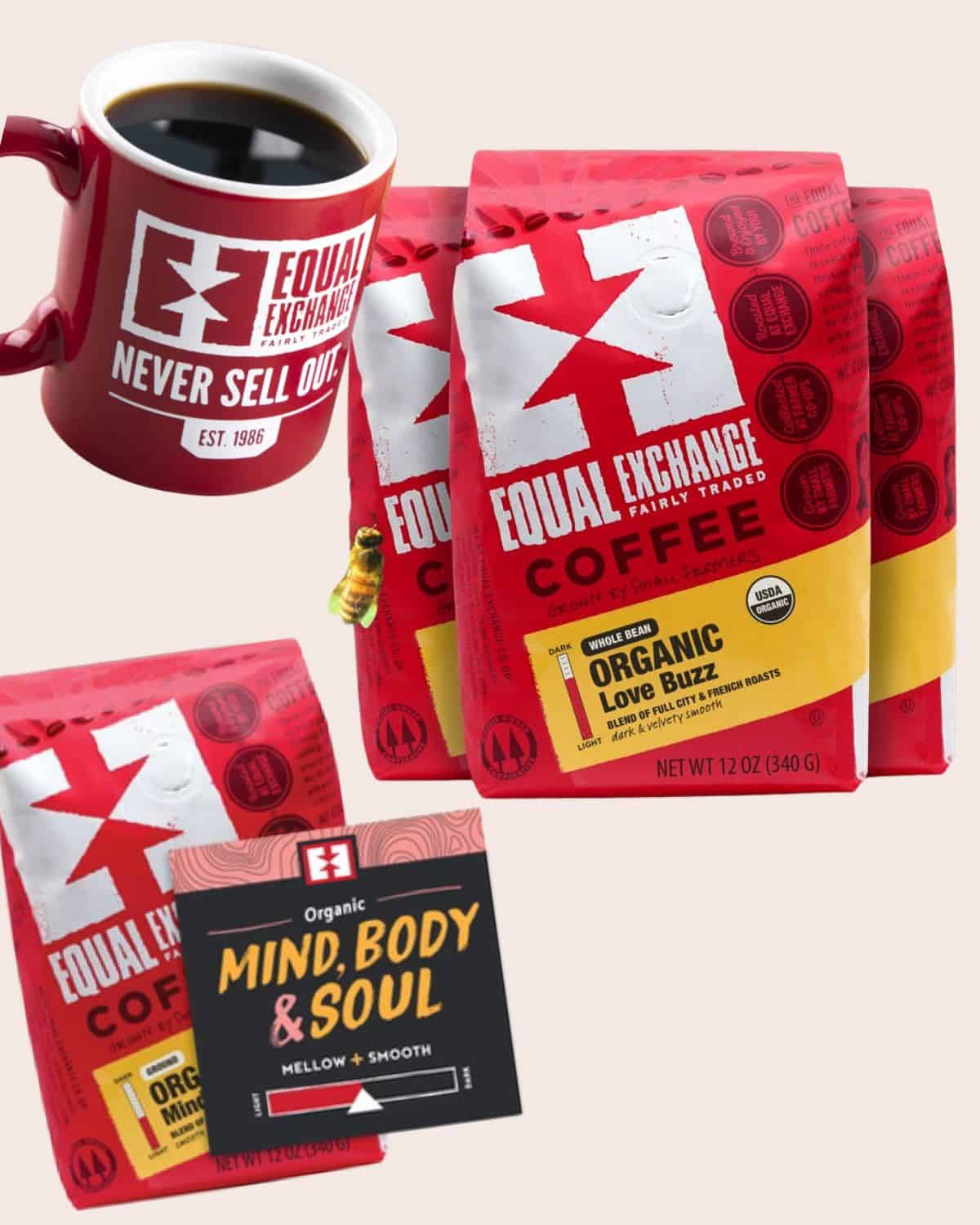 Equal Exchange organic Love Buzz and Mind, Body & Soul coffee bags with a red mug filled with black coffee.