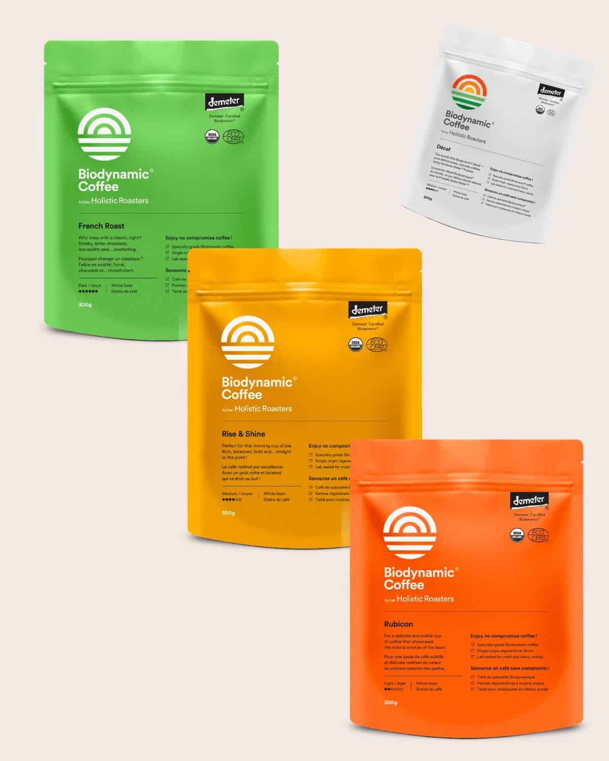 Holistic Roasters organic Biodynamic Coffee in French Roast, Rise & Shine, Rubicon, and decaf varieties.