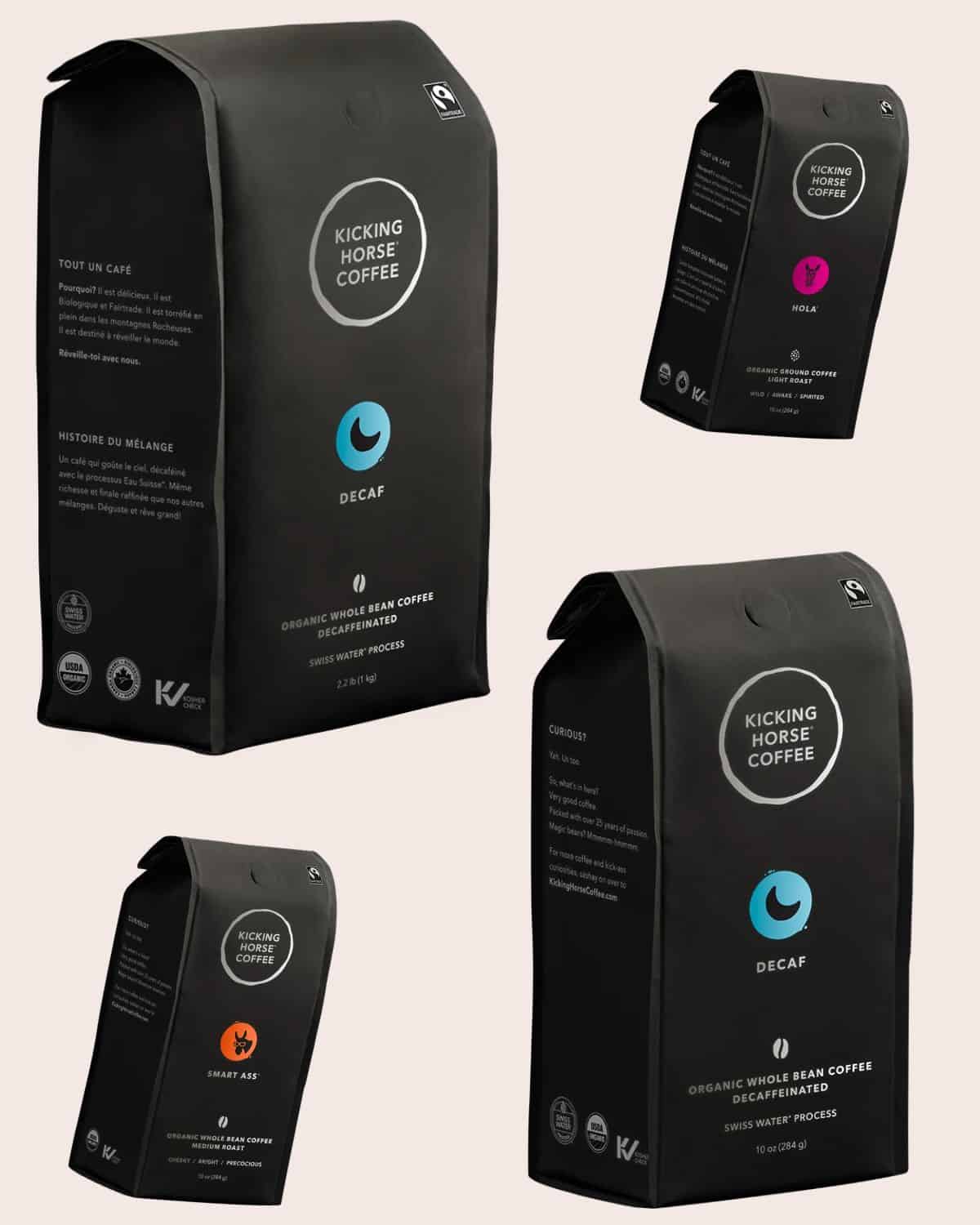 Kicking Horse organic Swiss Water decaf coffee in two bag sizes, alongside Hola light roast and Smart Ass medium roast.