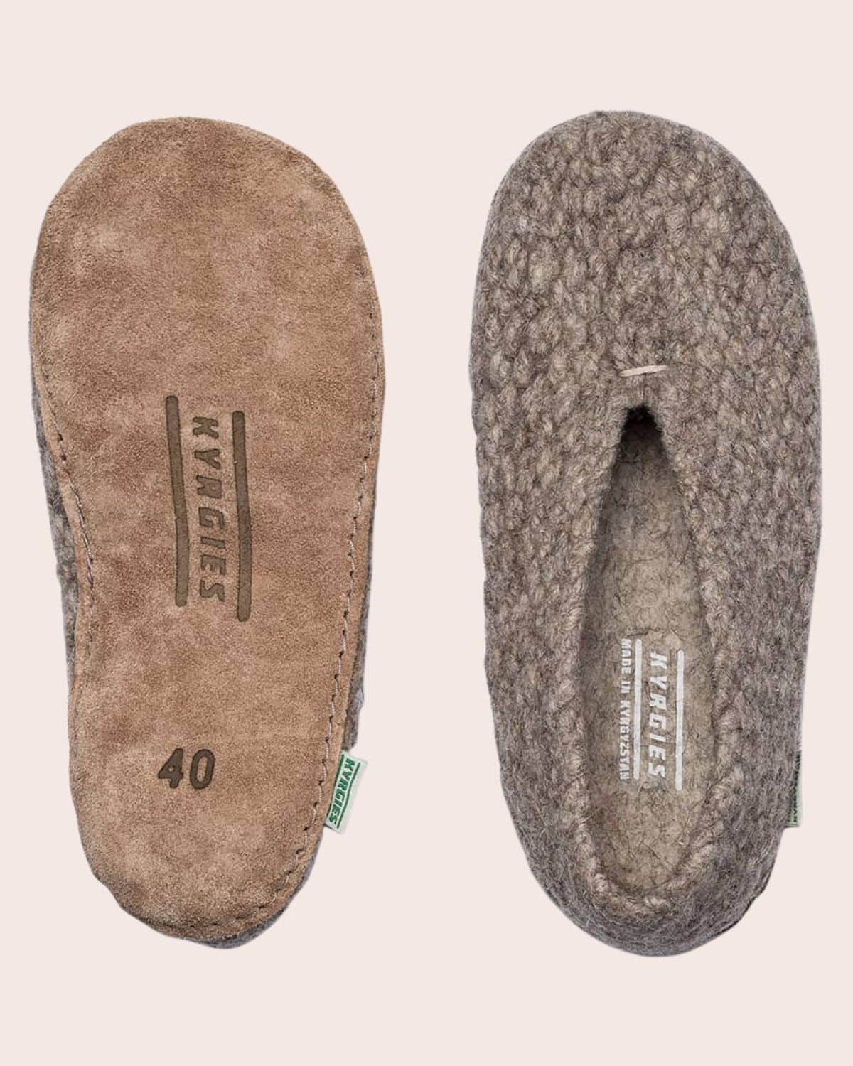 Gray Kyrgies Wovens slippers shown from above and below, revealing textured wool uppers and a stitched brown leather sole.