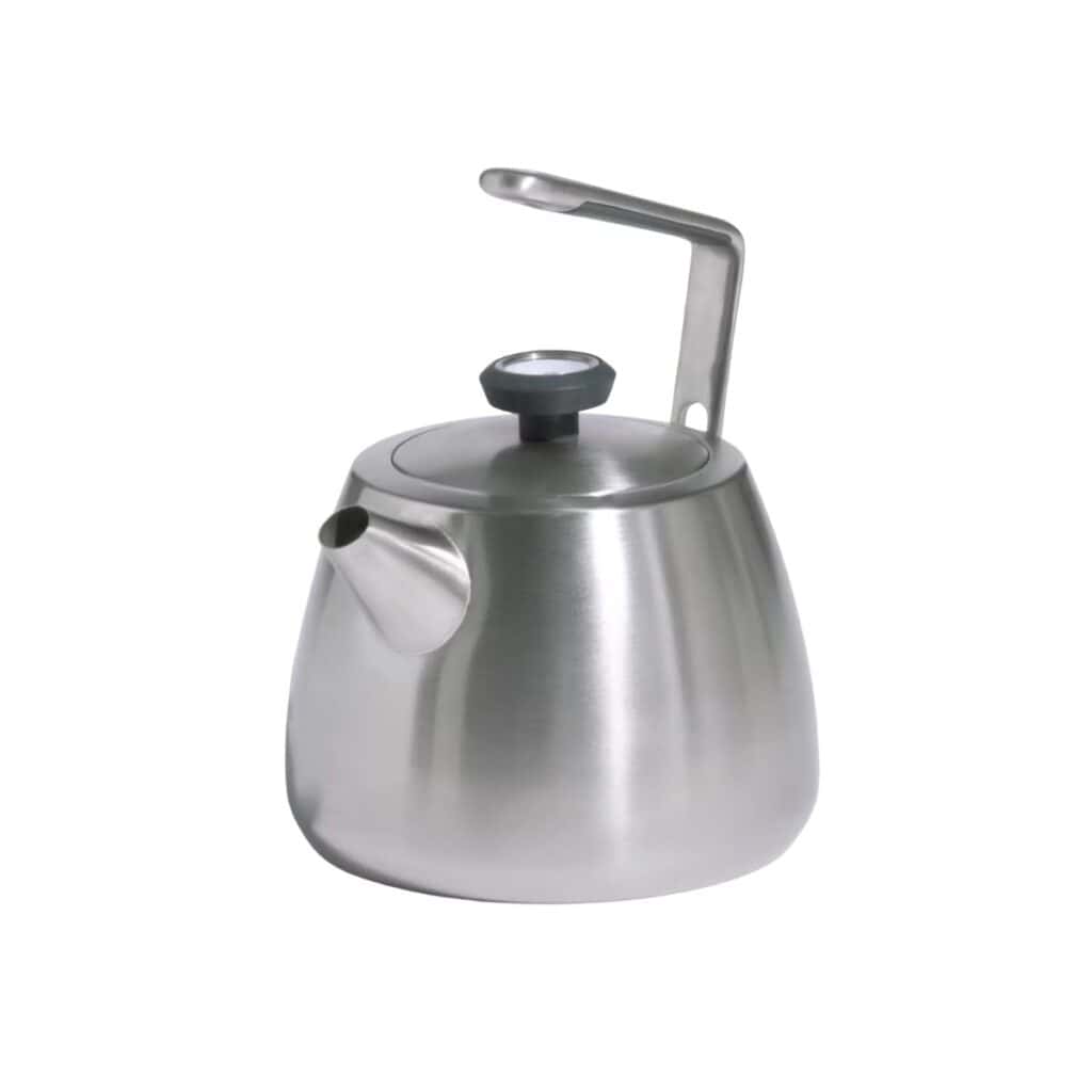 Made In stainless steel stovetop tea kettle with an angular overhead handle and thermometer in the lid knob