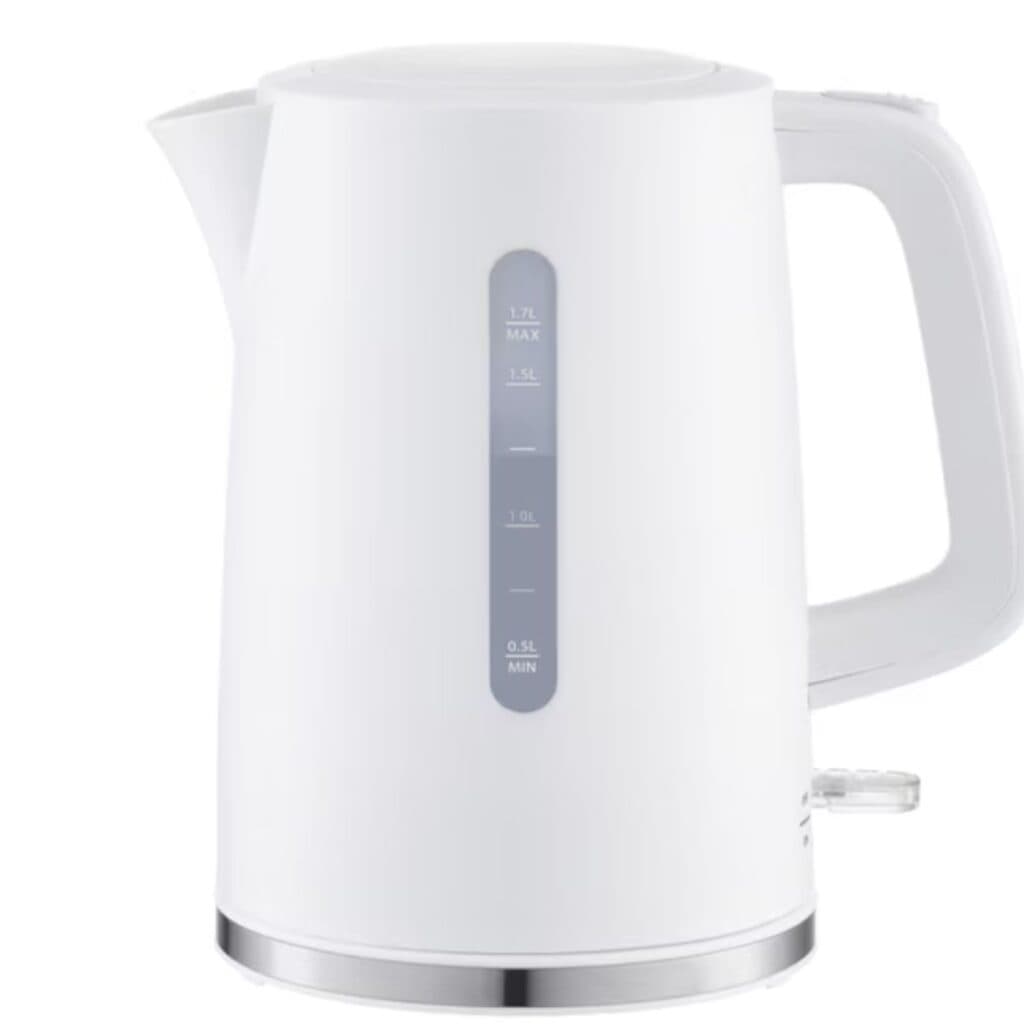 White Mainstays plastic electric kettle with a vertical water-level window and silver trim around the bottom