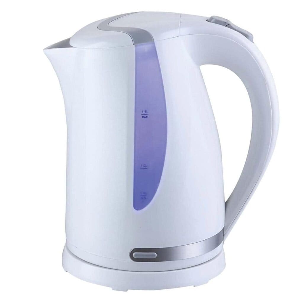 White MegaChef electric tea kettle with a blue water-level window, curved handle and silver base trim