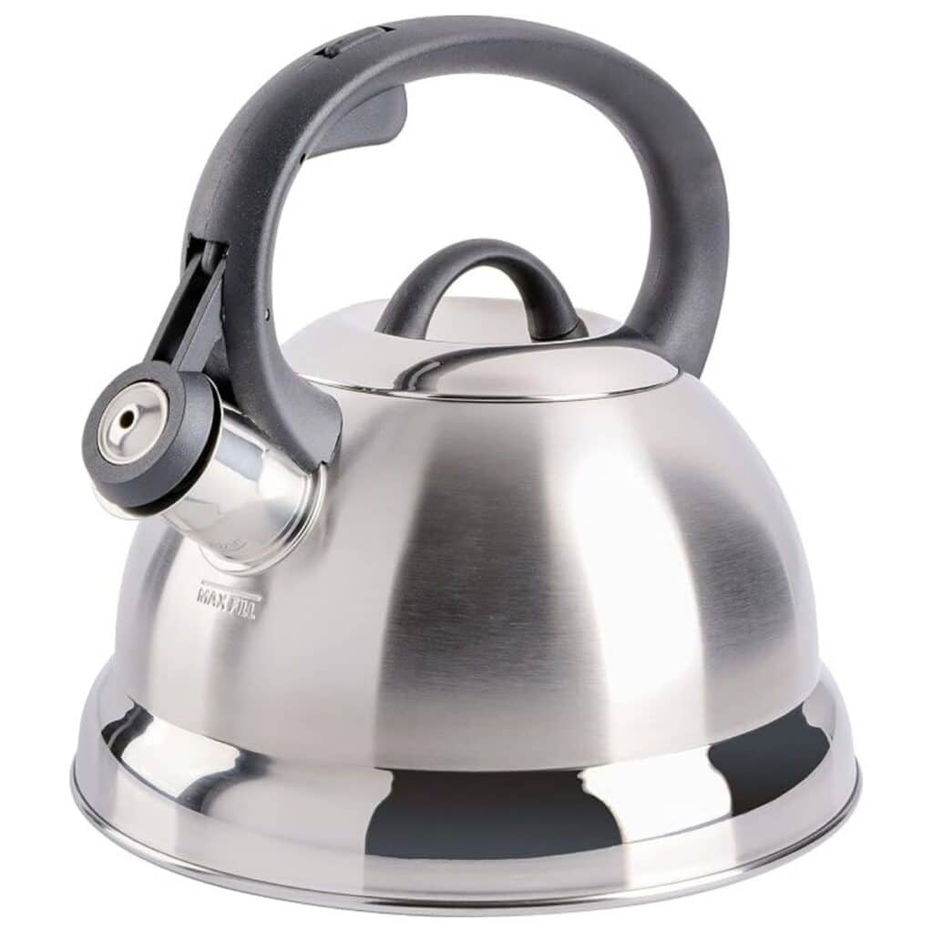 Mr. Coffee Flintshire stainless steel stovetop tea kettle with a black arched handle and whistle cover