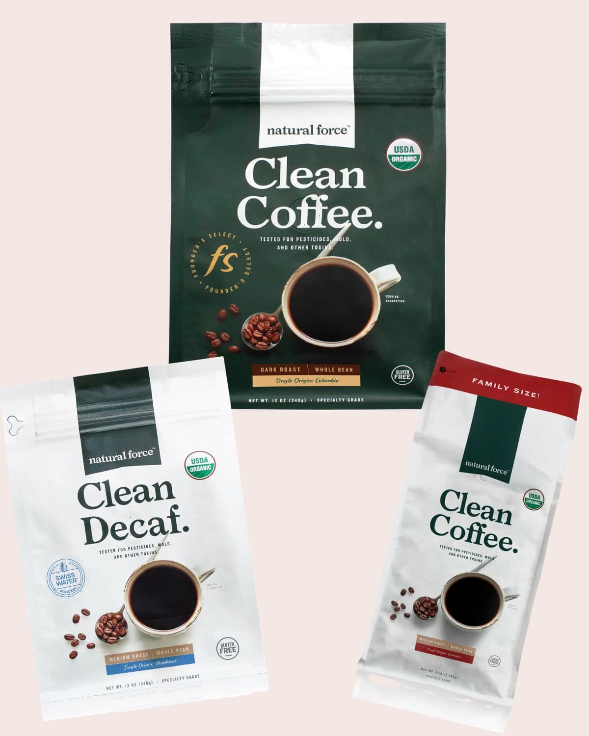 Natural Force organic dark roast, Swiss Water decaf, and family-size medium roast bags featured in our non-toxic coffee guide.
