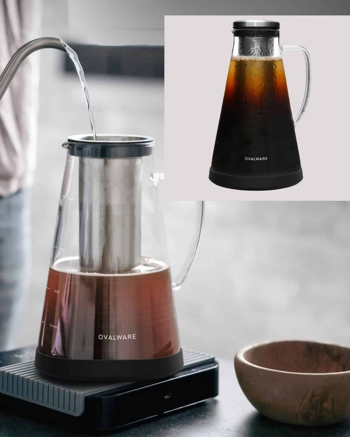 Water pouring through the metal filter of an Ovalware glass cold brew maker, with an inset showing the finished coffee