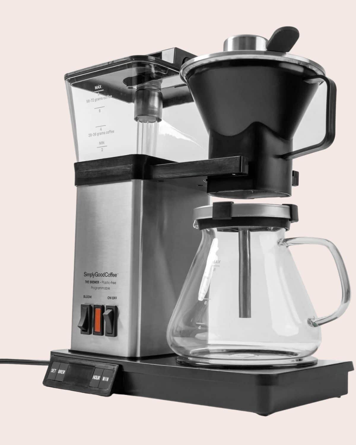 Simply Good Coffee THE BREWER programmable coffee maker with a clear water reservoir, glass carafe, and digital controls