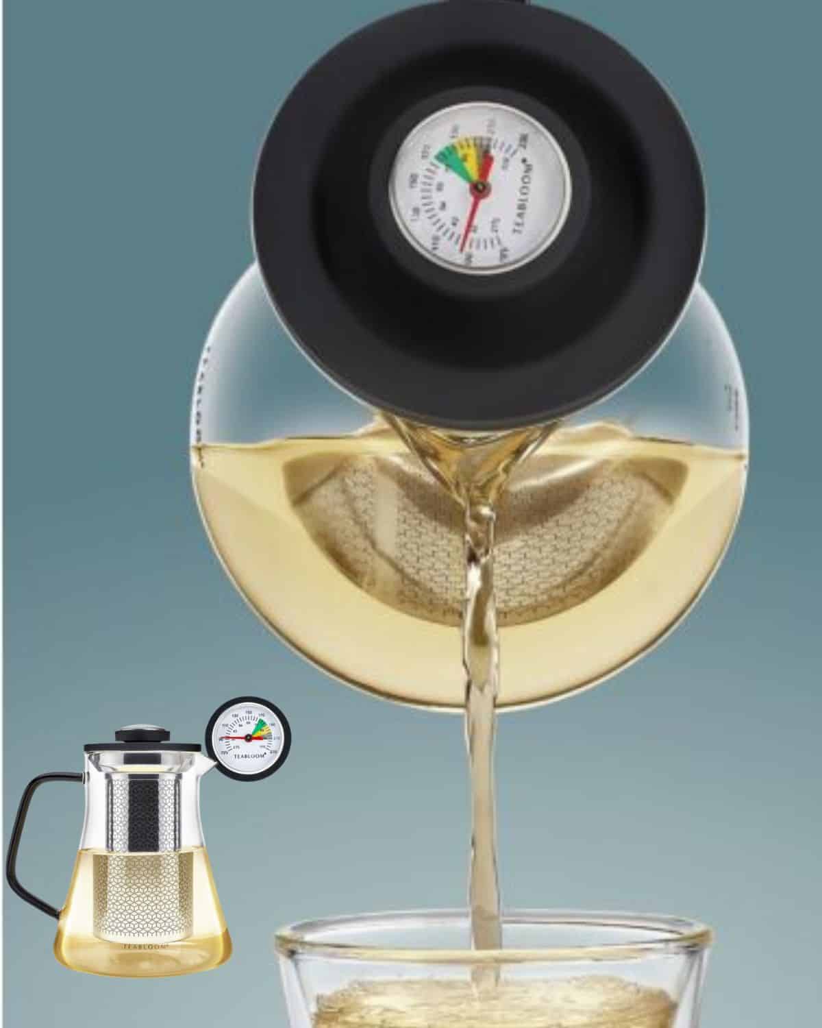 Teabloom Virtuoso glass tea kettle with a built-in thermometer and removable loose-leaf tea infuser
