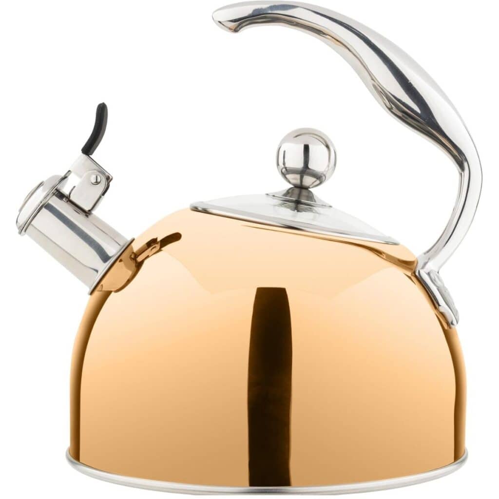 Copper-colored Viking whistling stovetop tea kettle with a curved silver handle and glass lid