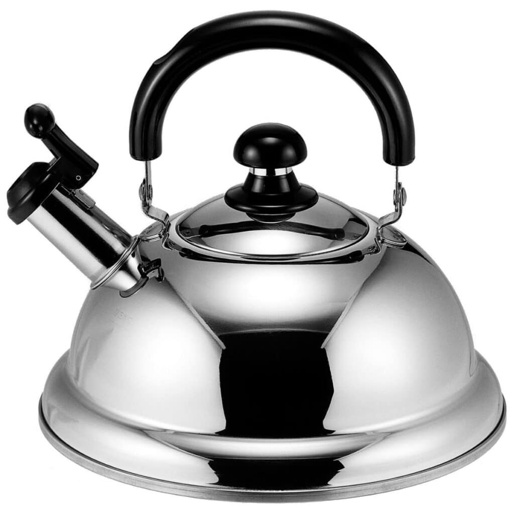 Wide stainless steel Quickone stovetop tea kettle with a black carrying handle and raised whistle cover