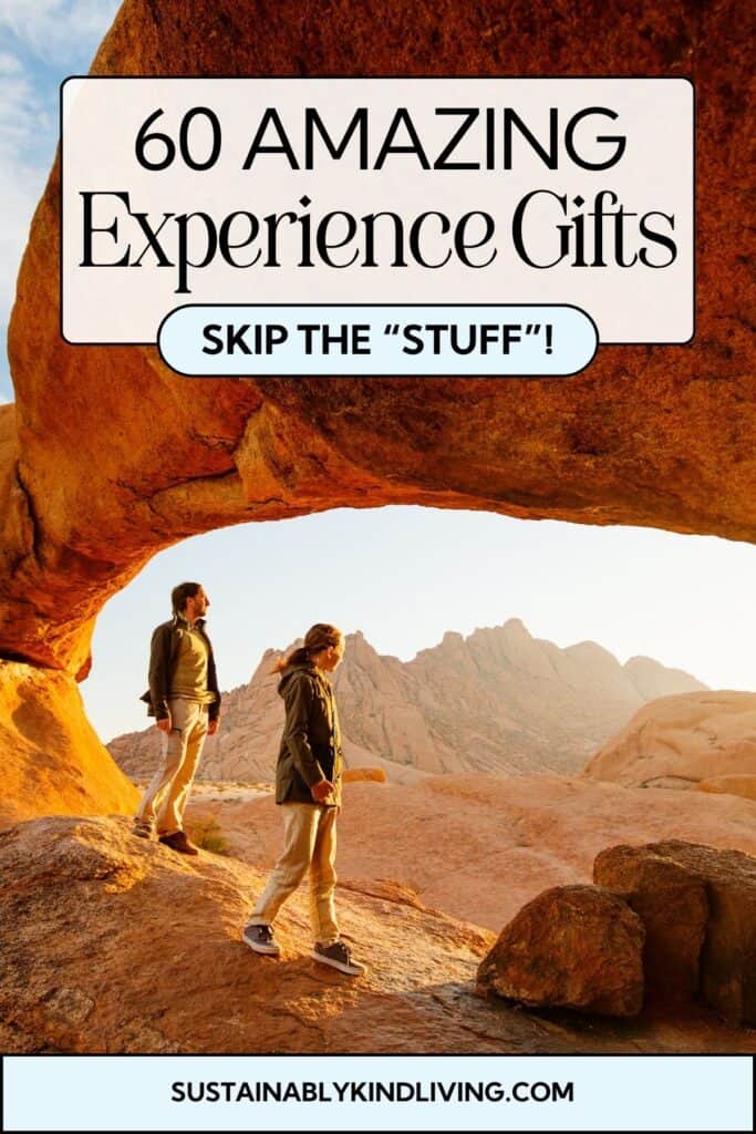 The 60 best experience gift ideas for families, couples, kids, and adults, shown with a family overlooking a mountain landscape.