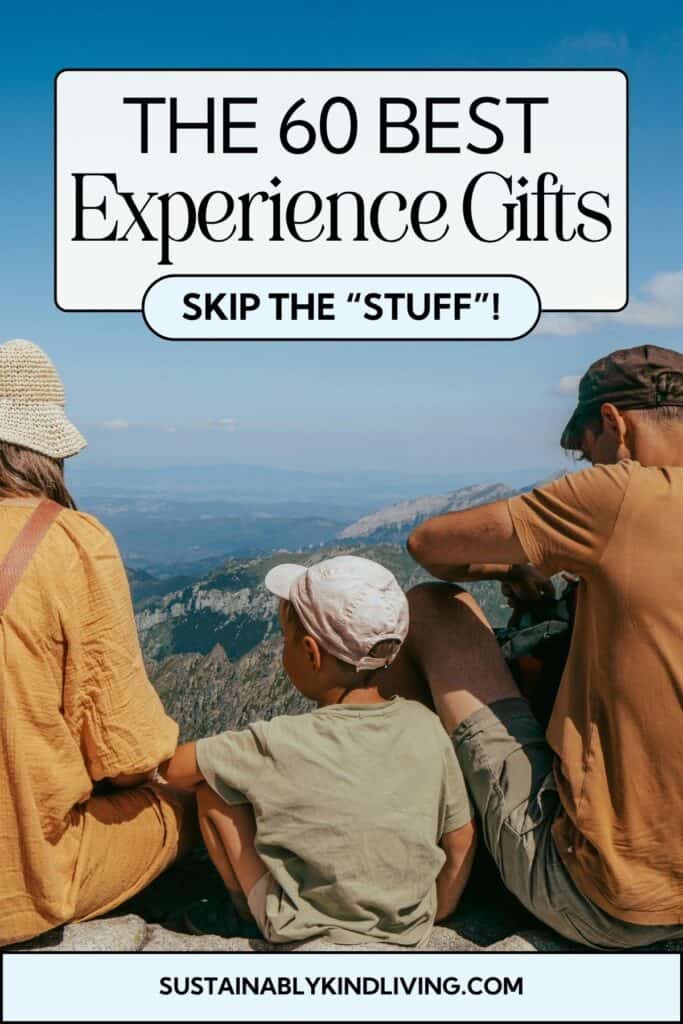 60 amazing experience gift ideas for meaningful, clutter-free gifts, featuring two people exploring a rocky desert landscape.