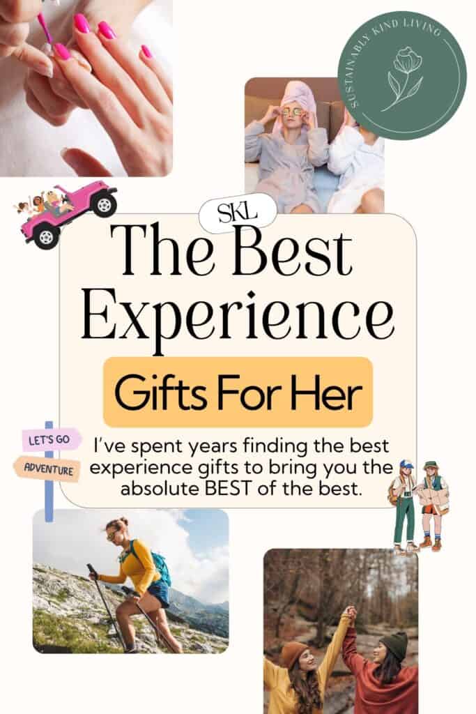 Experience gift ideas for women including spa treatments, beauty experiences, hiking, travel, and outdoor adventures.