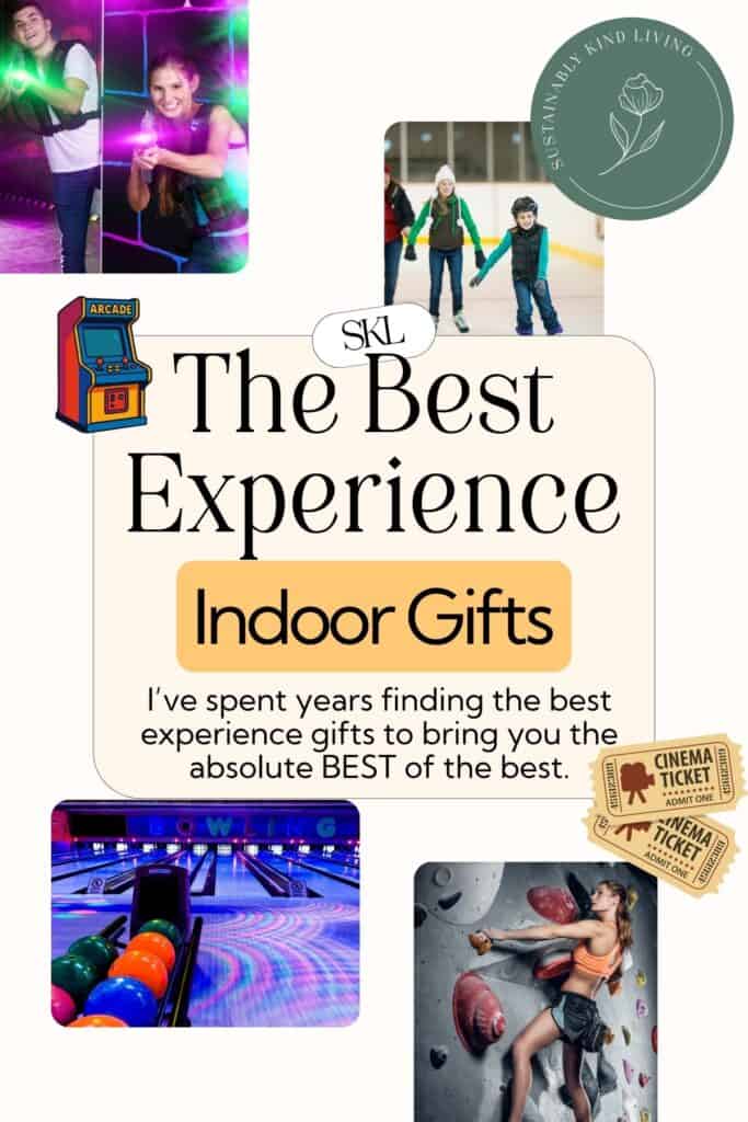 Indoor experience gifts including laser tag, ice skating, bowling, rock climbing, movies, and arcade activities.