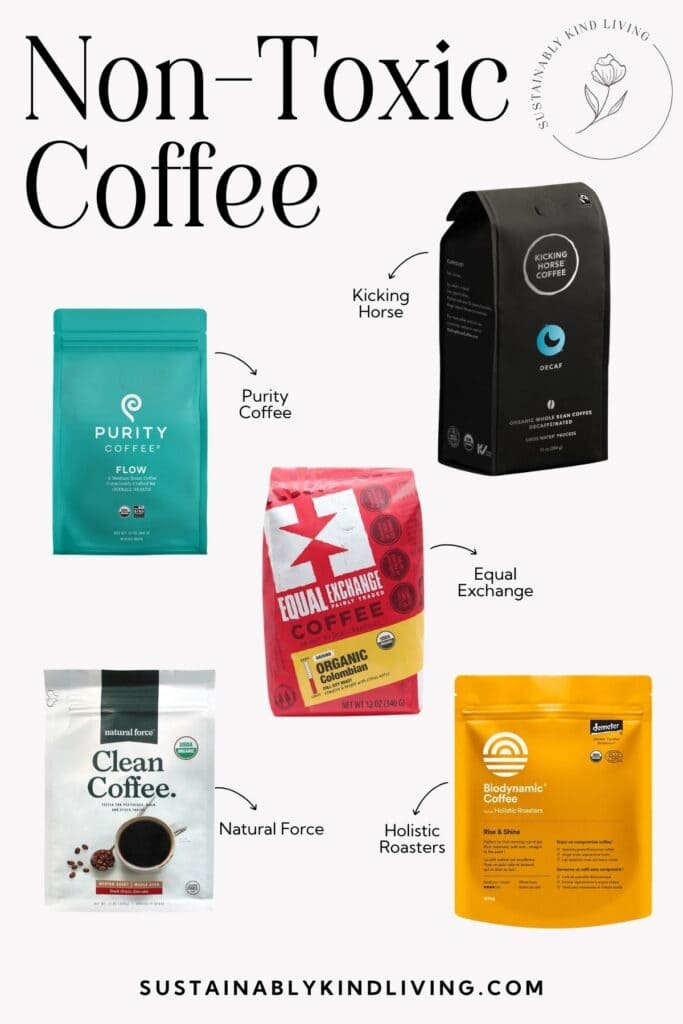 Purity FLOW, Kicking Horse decaf, Equal Exchange Colombian, Natural Force, and Holistic Roasters Rise & Shine beneath âNon-Toxic Coffee.â